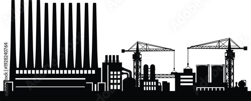 Industrial factory silhouette vector illustration, heavy manufacturing plant with cranes and smokestacks, urban industry skyline concept, black isolated construction and production landscape