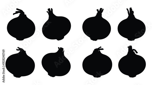 Eight black silhouettes of onions arranged in a grid pattern silhouette