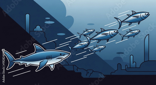 School of fish being chased by shark in dark blue ocean water with city skyline silhouette