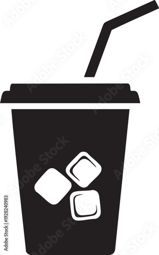 Black disposable cup with ice cubes and straw