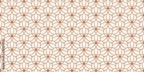Terracotta seamless pattern with abstract floral shell ornament, minimalist art deco style.