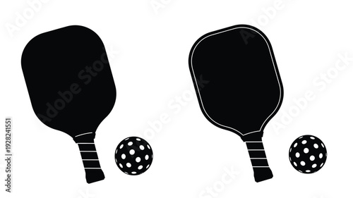 Two pickleball paddles and balls depicted in a stark silhouette