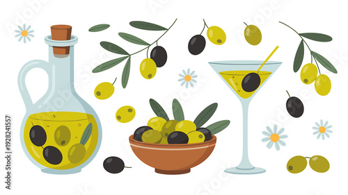 Olive oil bottle and glass with olives and leaves on white background