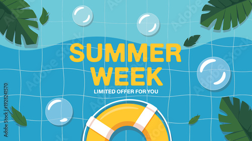 Summer week limited offer for you with lifebuoy in pool water with leaves and bubbles