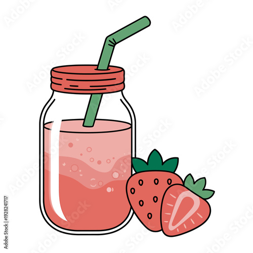 Cartoon strawberry smoothie in a mason jar with straw and fruit