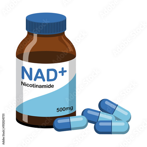 NAD Nicotinamide supplement bottle and capsules on white background