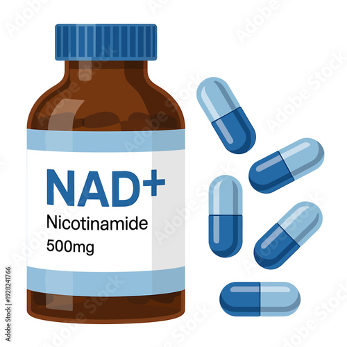 NAD Nicotinamide supplement bottle and capsules on white background