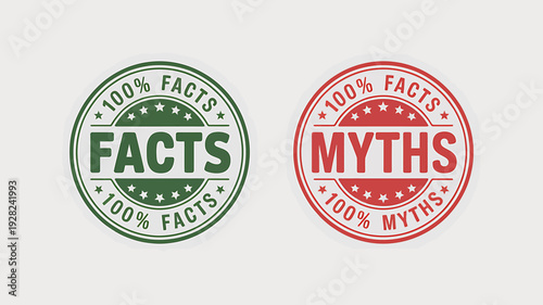 Green and red fact and myth circular stamp icons on light gray background