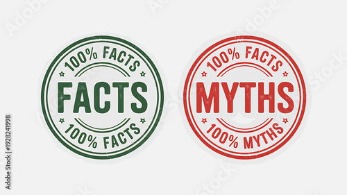 Green and red fact and myth stamp icons for verification and information  symbols