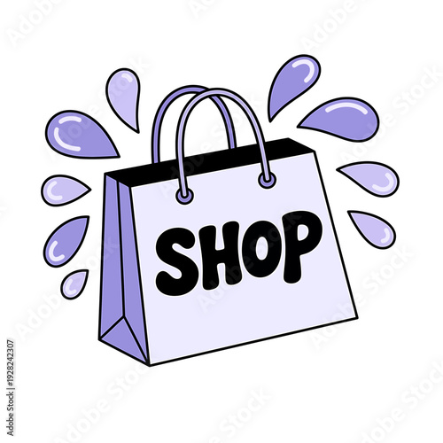 Purple shopping bag with water droplets on white background