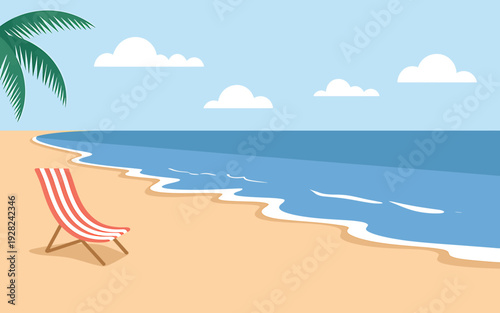 Beach scene with palm tree and red white striped deck chair by ocean waves