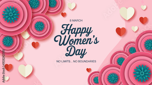 Happy Womens Day celebration with pink flowers and hearts on pink background