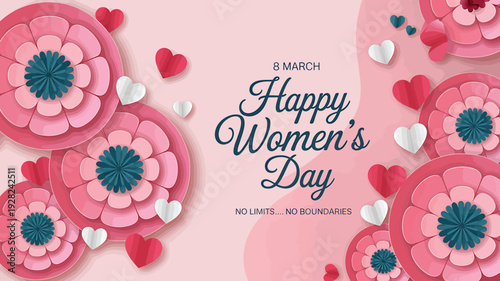 Happy Womens Day greeting card with flowers and hearts on pink background