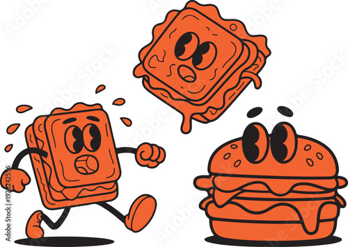 Anxious cartoon fast food items running and dripping with urgency