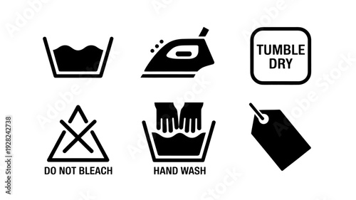 Laundry care symbols and icons for washing instructions on clothing labels