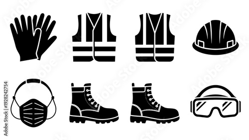 Black silhouette icons of construction safety equipment and clothing on white background