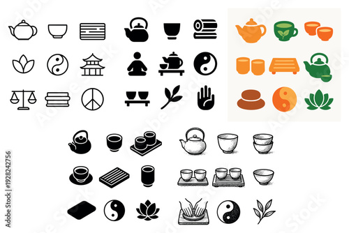 Tea and teaware icons arranged as set on white background