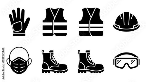 Set of black safety icons for workers and industry on white background