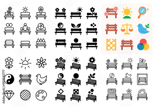 Decorative bench icons featuring floral and symbol variations on white