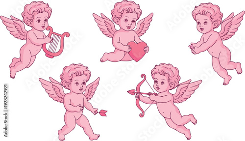 Charming pink cupids with wings celebrating love holding bows hearts and lyre
