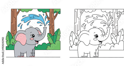 Fotografie Cute cartoon baby elephant spraying water in the jungle