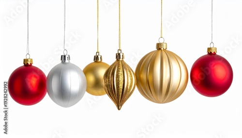 Festive Christmas Ornaments in Red Gold and Silver Hanging on Strings Holiday Decoration for Celebration and Events.