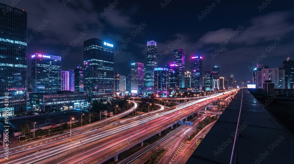 Obraz premium Fintech urban growth concept, Neon urban night city skyline with highway light trails, modern financial district cityscape, long exposure traffic background for technology and business concept
