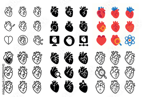 Medical anatomical heart icons in varied styles and colors