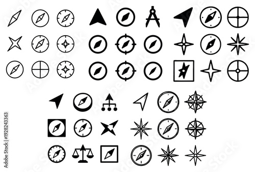 Navigation compass symbols arranged in rows on white background