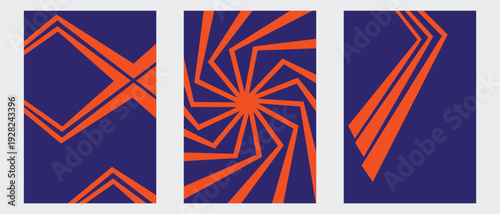 Collection of three abstract geometric posters in vibrant orange and navy blue colors featuring starburst rays and diagonal stripe line patterns.