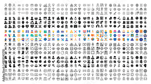 Large collection of monochrome and colored icons displayed on grid