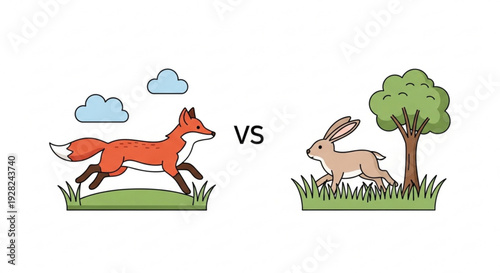 Cartoon fox and rabbit running side by side in grassy field with clouds and tree