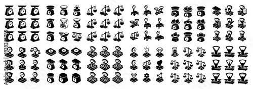 Scale and balance icons arranged in dense grid on white background