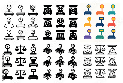 Weighing scales icons arranged in grid on white background
