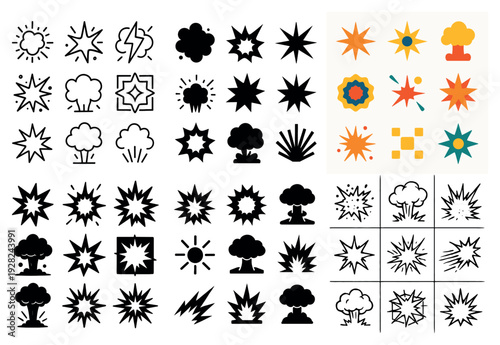 Explosion and burst icons arranged in radial grid and patterns
