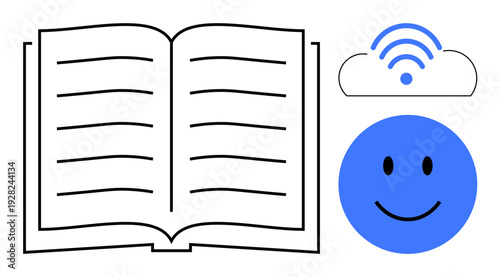 E-learning concept. Open book with wireless and smiling face icon e-learning and digital education. E-learning connects knowledge, accessibility, and joyful digital study. Perfect for education