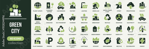 Green city fill icon collection. Includes ecology, recycle, renewable energy, clean transport and sustainability symbols. Created in colored style with green palette