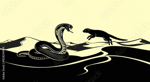 Snake and dinosaur confront each other on a deserted landscape with mountains