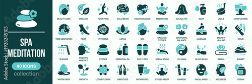 Spa and meditation fill icon collection. Includes wellness, massage, sauna, balance, yoga and relaxation symbols. Created in colored style with teal palette