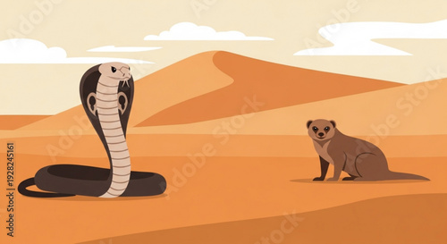 Desert scene with cobra snake and mongoose facing each other in sandy dunes