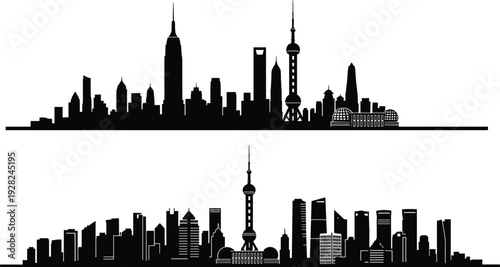 Shanghai city skyline silhouette vector illustration, modern urban skyscrapers panorama with Oriental Pearl Tower, black and white architectural cityscape design