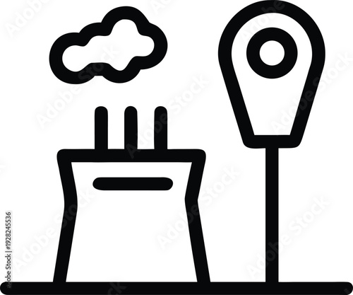 Industrial factory smoking chimneys next to a parking meter symbol for environmental impact