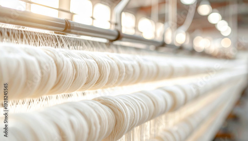 Weaving raw organic cotton fibers into soft fabric in a textile workshop during the day