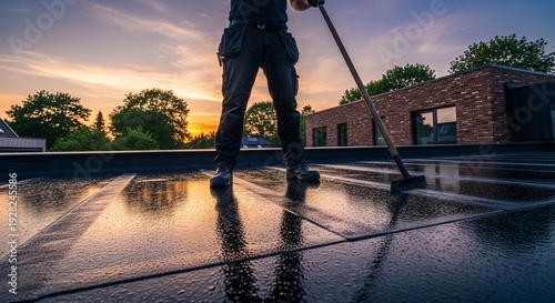 Professional worker applying waterproof coating or cleaning flat roof during golden hour sunset