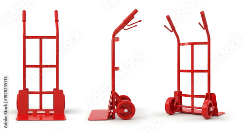 Three red hand trucks or dollies in different positions on a plain white background viewed from the front