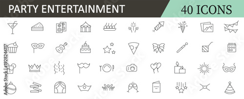 Party and entertainment line icon set. Event, fun, enjoy, celebrate, celebration, dancing, music, congrats and wish outline icon collection.