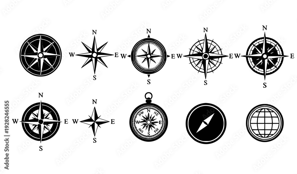 Fototapeta premium Collection of compass and navigation icons, flat design vector illustration