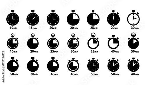 Collection of 20 minimalist timer and stopwatch icons in flat design vector illustration