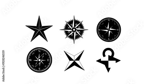 Navigation symbols set compass rose star direction question mark flat design vector illustration