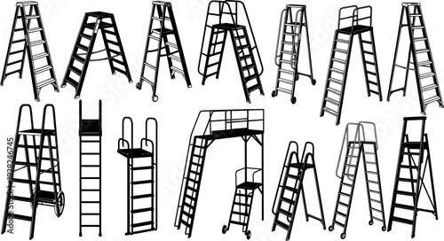 Collection of industrial step ladders and platform ladders with safety rails, wheels, and varied designs, ideal for warehouse, construction, and equipment-related projects.